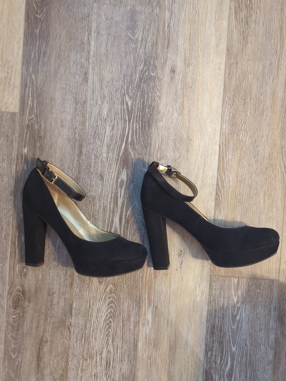 Guess Classic Black Suede Platform Ankle-Strap Heels